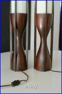 Mid Century Modeline Pair Sculptural Mahogany & Opaline Cylinder Glass Lamps