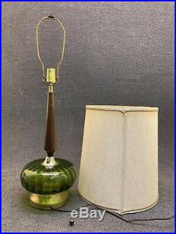 Mid Century Modern Hollywood Regency Green Glass & Walnut Table Lamp with Shade