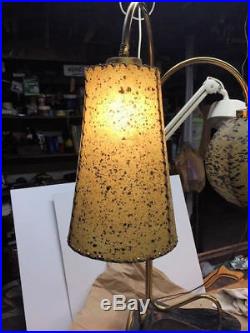 Mid-Century Modern Lamp, Fiber Glass Shades, Brass & Wood Base