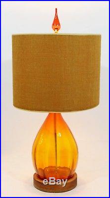 Mid Century Modern Orange Blenko Blown Glass Table Lamp Original Shade & Finial
