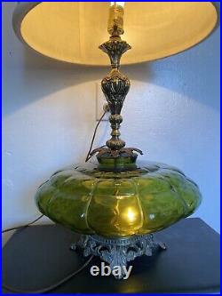 Mid Century Solid Brass & Green Glass Hollywood Regency 3 Pos. Switch Table Lamp