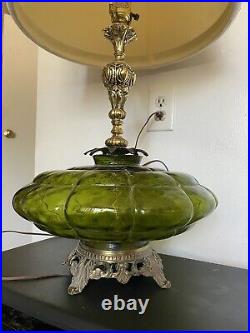 Mid Century Solid Brass & Green Glass Hollywood Regency 3 Pos. Switch Table Lamp
