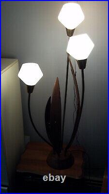 MidCentury Modern Danish Teak Wood 3 Glass Floor High Table Lamp Kitsch Tulip