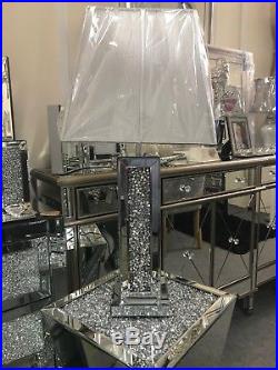 Mirror glass crushed crystal table lamp with silver threaded shade, sparkle lamp