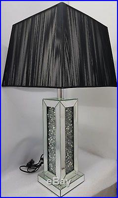 Mirrored Table Lamp Sparkly Silver Diamond Crush Choice of Black or White Shade
