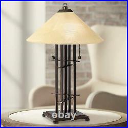 Mission Accent Table Lamp Bronze Alabaster Art Glass for Living Room Bedroom