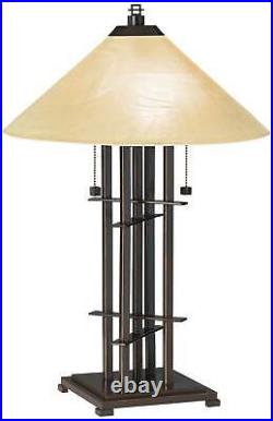 Mission Farmhouse Table Lamp with Table Top Dimmer Bronze Art Glass Living Room