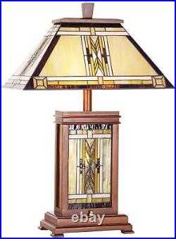 Mission Rustic Tiffany Style Table Lamp 27 Tall Walnut Wood with Nightlight