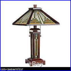 Mission Table Lamp 2 Light Lit Base Tiffany Style Handcrafted Stained Art Glass