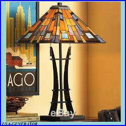 Mission Table Lamp 2 Light Tiffany Style Stained Art Glass Iron Base Column