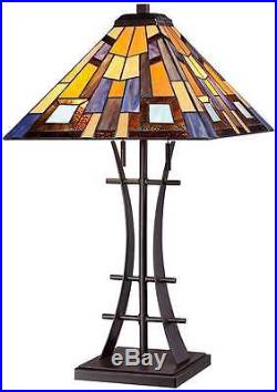 Mission Table Lamp 2 Light Tiffany Style Stained Art Glass Iron Base Column
