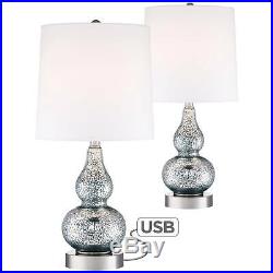 Modern Accent Table Lamps Set of 2 with USB Blue Mercury Glass for Living Room