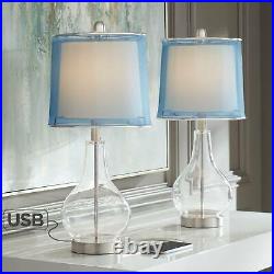 Modern Accent Table Lamps Set of 2 with USB Port Clear Glass Blue Shade Bedroom