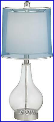 Modern Accent Table Lamps Set of 2 with USB Port Clear Glass Blue Shade Bedroom
