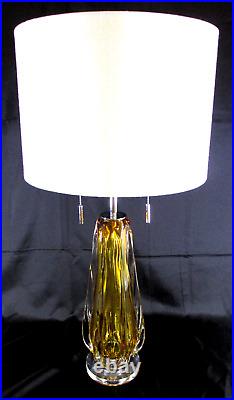 Modern Amber Glass Table Lamp? 14 Linen Drum Shade, Dual Bulb, Chain Pull, 30