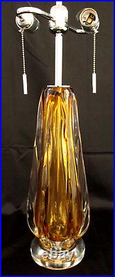 Modern Amber Glass Table Lamp? 14 Linen Drum Shade, Dual Bulb, Chain Pull, 30