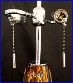 Modern Amber Glass Table Lamp? 14 Linen Drum Shade, Dual Bulb, Chain Pull, 30