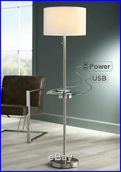 Modern Floor Lamp With Table Glass Satin Steel USB Port Outlet For Living Room