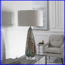 Modern Rustic Art Glass Table Lamp Ribbed Sculpture Blue Rust Gray Tapered