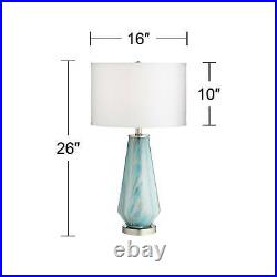 Modern Table Lamp Blue Gray Art Glass White Drum Shade for Living Room Bedroom