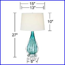 Modern Table Lamp Turquoise Glass Wave Pattern White for Living Room Bedroom