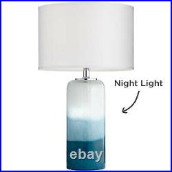 Modern Table Lamp with Riser Nightlight LED Blue Glass White Drum Living Room