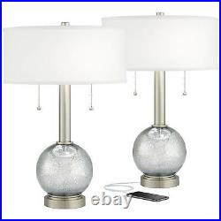 Modern Table Lamps Set of 2 with USB Charging Port Nickel Blue Glass Living Room
