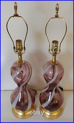 Murano Glass Lamps Purple & White Swirl By Empoli Glass Italy Mid Century Modern
