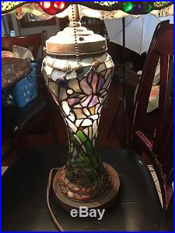 New Dale Tiffany Atticus Table Lamp, Antique Bronze Colorful Art Glass Shade