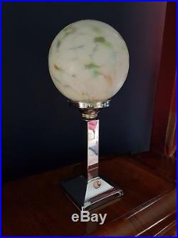 ORIGINAL 1930s ART DECO LAMP TABLE DESK LAMP CHROME STEM GLASS SHADE