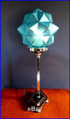 ORIGINAL 1930s ART DECO TABLE DESK LAMP CHROME STEM ICONIC GLOBE GLASS SHADE