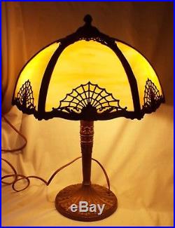 Old Antique 6 Panel CARAMEL BENT SLAG GLASS Electric TABLE LAMP -WORKS