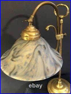 Original Vintage French Art Deco Brass Desk/Table Lamp. Blue White Glass shade