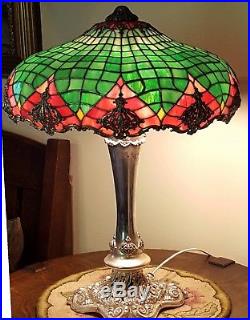 Ornate Antique Old Victorian Silver Gorham Leaded Slag Stained Glass Table Lamp