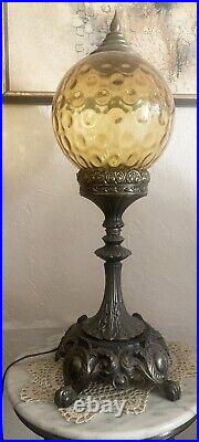 Ornate Parlor Table Lamp w Amber Glass Globe
