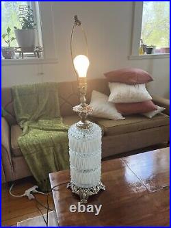 Ornate Vintage Hollywood Regency Tall Table Lamp Ribbed White Glass and Brass