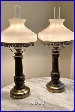 PAIR Of Vintage Wood and Brass Table Lamp 24.5H with White Opal Milk Glass Shade