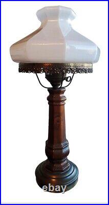 PAIR Of Vintage Wood and Brass Table Lamp 24.5H with White Opal Milk Glass Shade