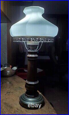 PAIR Of Vintage Wood and Brass Table Lamp 24.5H with White Opal Milk Glass Shade