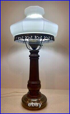 PAIR Of Vintage Wood and Brass Table Lamp 24.5H with White Opal Milk Glass Shade