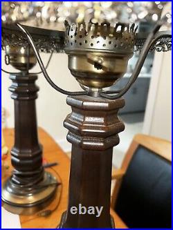 PAIR Of Vintage Wood and Brass Table Lamp 24.5H with White Opal Milk Glass Shade