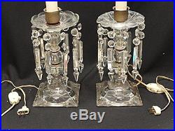 PAIR of ANTIQUE AMERICAN BRILLIANT CUT GLASS HURRICANE TABLE LAMP with PRISMS 21