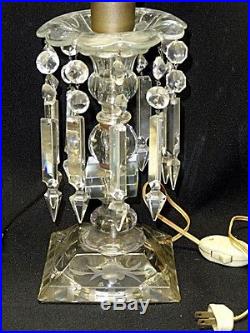 PAIR of ANTIQUE AMERICAN BRILLIANT CUT GLASS HURRICANE TABLE LAMP with PRISMS 21