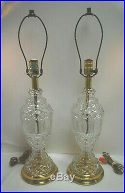 PAIR of Crystal Glass and Brass Electric Table Lamps 27 Tall Vintage L2727