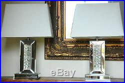 PAIR of Mercury Table Lamps 60cm Mirrored Floating Crystal Base White Shade