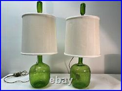 PAIR of Myers Green Crackle Glass BLENKO Table lamps with Finials. Mid Century