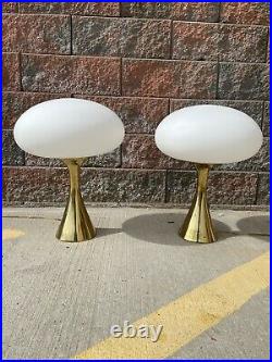 Pair 2 Mid Century Modern Brass with Mushroom White Glass Shade Laurel Lamp Mfg