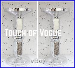 Pair 2 Venetian Modern Silver Mirror Glass Side Table Lamp Diamante Stand Romany