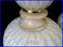 Pair 46 Tall Vintage Murano White & Gold Bubble Glitter Art Glass Table Lamps