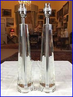 Pair Laura Ashley Crystal Tapered Pyramid Facetted Glass Column Table Lamps
